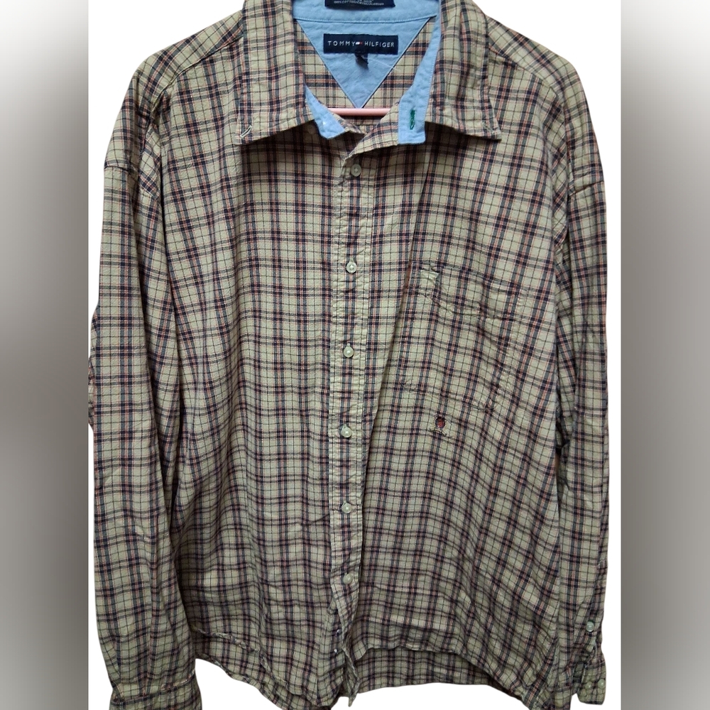 Tommy Hilfiger Men's Checkered Shirt - Tan, Orange, And Navy New Without Tags